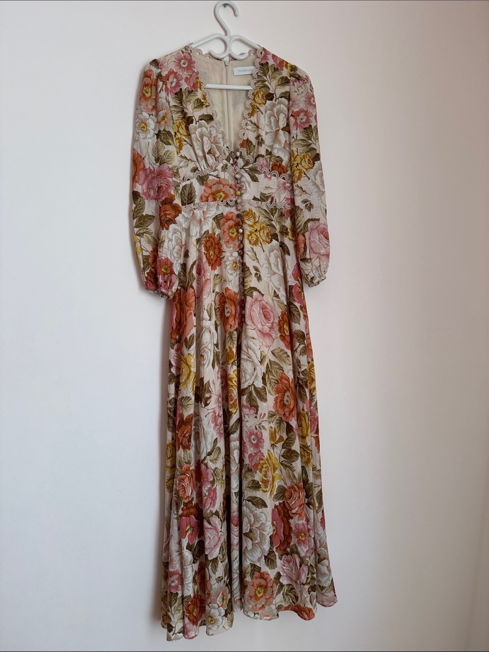 Zimmermann Bonita Linen Floral V-Neck Long Sleeve Maxi Dress - Pink & Cream